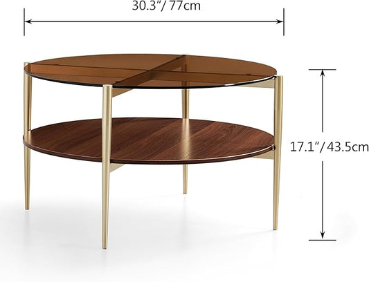 Saint Mossi Glass Round Coffee Table for Living Room, Middle-Century Modern Style, Coffee Brown Glass Top & Walnut Brown MDF Wood Top, with Gold Finish Legs & Frame