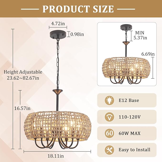 18'' Hand Woven Rattan Chandelier, 6-Light Rattan Pendant Light Farmhouse Chandeliers for Dining Room Light Fixture, Rustic Chandelier Wicker Hanging Pendant Lighting for Bedroom Living Room Foyer