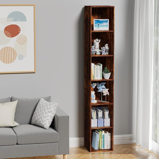 6 Tier Bookshelf, Open Tall Narrow Floor Standing Bookcase, Storage Organizer Bookshelves Freestanding Book Shelf for Living Room, Bedroom, Home Office (Retro Brown, 6 Cube)