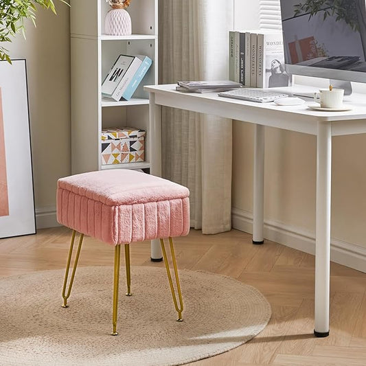IBUYKE Stool Chair with Storage Space, Footrest Footstool Ottoman, Small Side Table, with 4 Metal Legs, with Anti-Slip Feet, for Makeup Room, Bedroom, Faux Fur, Pink LG-50P