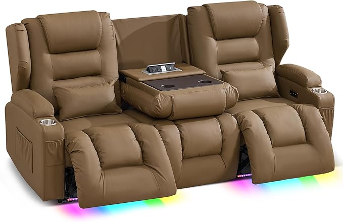 SAMERY Power Loveseat Recliner Sofa, Wall Hugger Reclining Loveseat Sofa, Movie Home Theater Seating with Flip-Backrest, Solid Wood Top, Ambient LED Lights, USB-C, Outlets, Faux Leather, Khaki | Extra Wide Seat, Plush Padding, Dual Power Recline, Flip-...