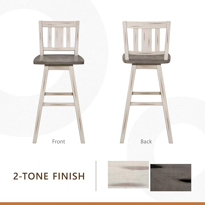 Lexicon Bar Height Bar Stools Set of 2-Solid Wood Frame 360° Swivel Wooden Stools, Foot Rest, Slat Back, Wide Seat, Distressed Farmhouse Easy to Clean Finish, 28.5" SH, Antique White/Grey