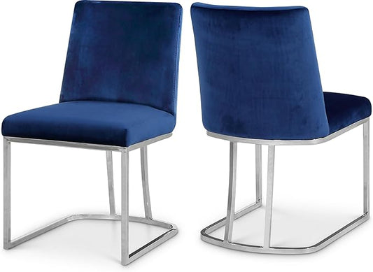 Meridian Furniture Heidi Collection Modern | Contemporary Velvet Upholstered Dining Chair with Polished Chrome Metal Frame, Set of 2, 19" W x 23" D x 32" H, Navy
