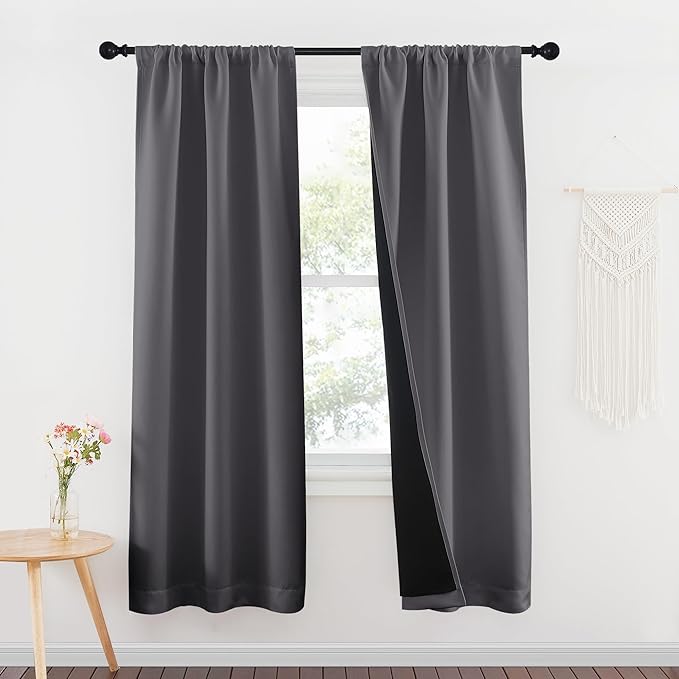 NICETOWN 100% Blackout Window Curtain Panels, Rod Pocket Full Light Blocking Drapes with Black Liner for Nursery, 72 inches Drop Thermal Insulated Draperies (Grey, 2 Pieces, 37 inches Wide Per Panel)