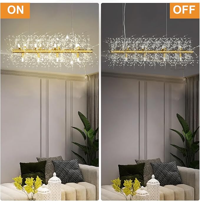 Depuley 35.4" Modern Gold Crystal Firework Chandelier, 12-Light Crystal Light Fixture Hanging, Linear Dandelion Chandelier, Sputnik Ceiling Pendant Light Fixtures for Dining Room(G9 Bulbs Included)