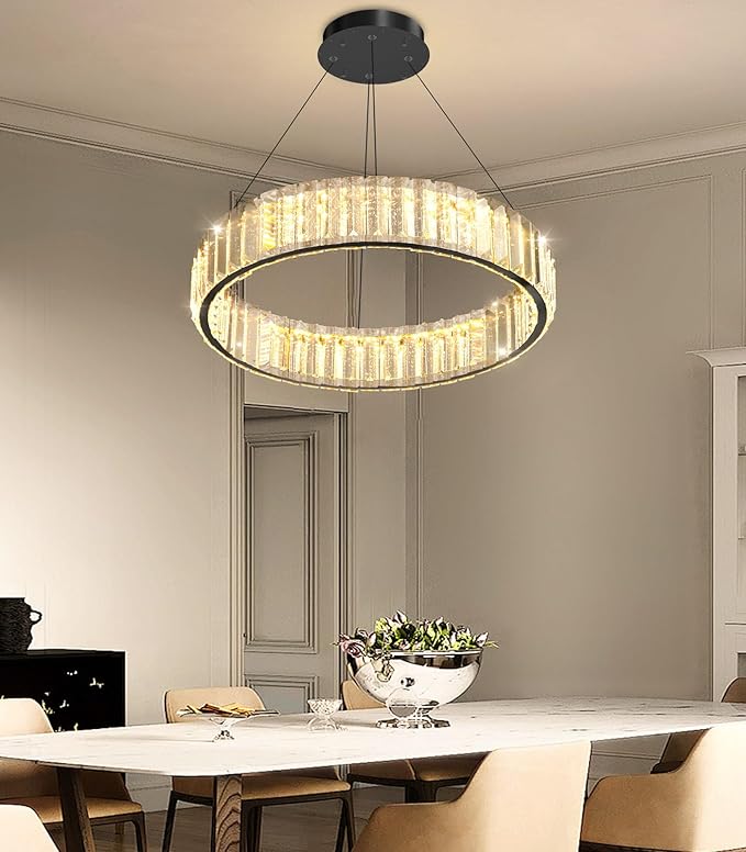 16'' Modern Ring Chandelier Crystal Chandeliers for Dining Room Round LED Dimmable Ceiling Light Fixture for Living Room Bedroom Lighting Black