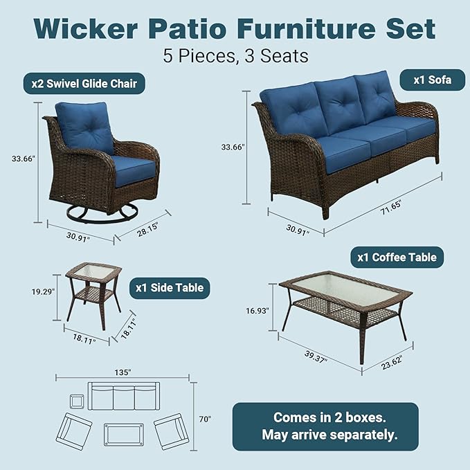 Patio Furniture Set, 5PCS Outdoor Wicker Conversation Set with 6" Thick Cushions, High Back Rattan Sofa & Swivel Rocker Chairs, Weather Resistant Olefin Fabric for Garden, Poolside, Navy Blue