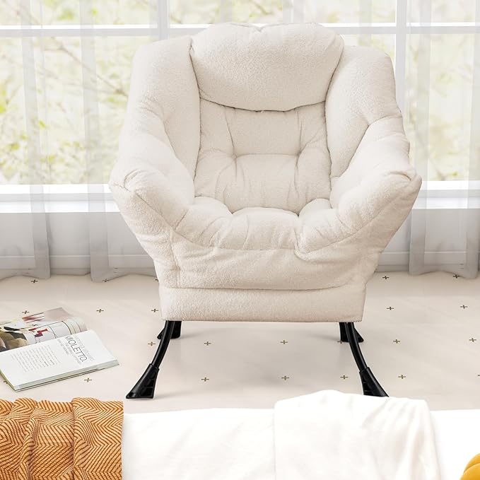 Giantex Lazy Chair, Modern Sherpa Accent Chair w/Steel Frame, Upholstered Single Sofa Chair w/Armrests & Side Pocket, Leisure Reading Lounge Chair for Living Room, Bedroom, Office, Dorm (White)