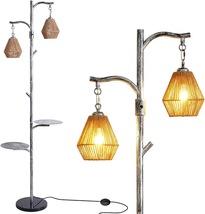 Hsyile Arc Floor Lamp with Cage Shade,Rattan&Fabric Boho Floor Lamps for Living Room Bedroom,Silver Gray Industrial Dimmable Floor Light,Farmhouse Rustic Tall Lamp for Office Reading