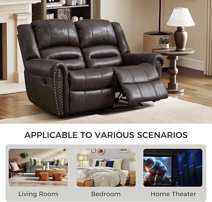 EBELLO Faux Leather Manual Loveseat Recliner, 2 Seat Reclining Sofa Chair with Soft Padded Seat Backrest, Vintage Rivet Mid-Century Design for Living Room, Bedroom, Dark Brown