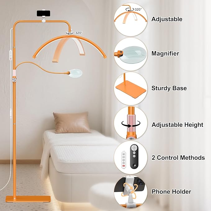 AURELLE Half Moon Lash Light - Adjustable LED Floor Lash Lamp with 4X Magnifier & Phone Holder for Eyelash Extensions,Nail Art,Tattoo,Skincare,Salon SPA-Dimmable Brightness,Rotating Head, Orange