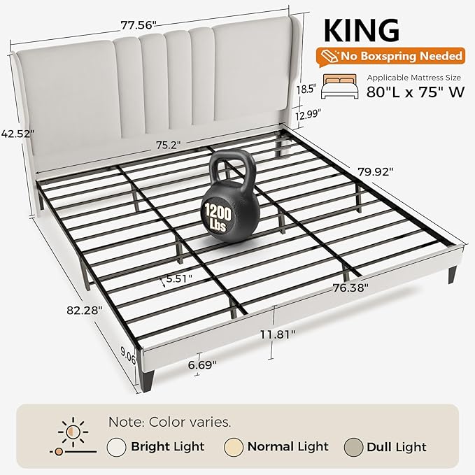 GTPLAYER King Size Bed Frame, Upholstered Platform Bed Frame with USB Type-C Tall Headboard Wingback, Soft Velvet Fabric, No Box Spring Needed, Easy Assembly, Cream