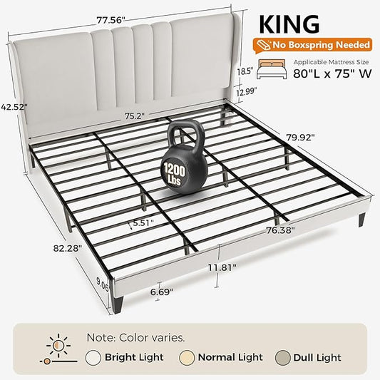GTPLAYER King Size Bed Frame, Upholstered Platform Bed Frame with USB Type-C Tall Headboard Wingback, Soft Velvet Fabric, No Box Spring Needed, Easy Assembly, Cream