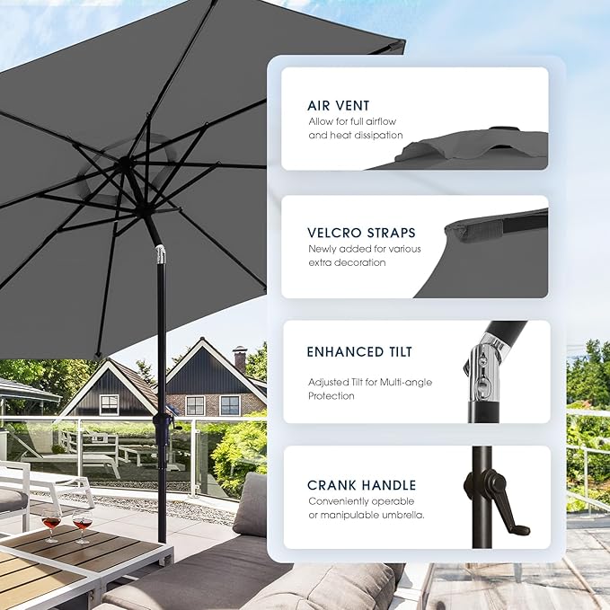 wikiwiki 9FT Patio Umbrella with Base, Outdoor Umbrellas with Base Included, 8 Sturdy Ribs, Waterproof Fade Resistant POLYESTER DTY Canopy for Deck, Lawn, Garden, Backyard & Pool, Dark Gray