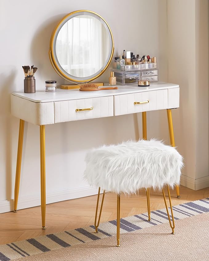 IBUYKE Rectangular Faux Fur Vanity Stool with Storage, Furry Makeup Chair Ottoman, Soft Padded Seat, Round Footrest Footstools with 4 Metal Legs, for Living Room Bedroom Entryway, White WBD022W