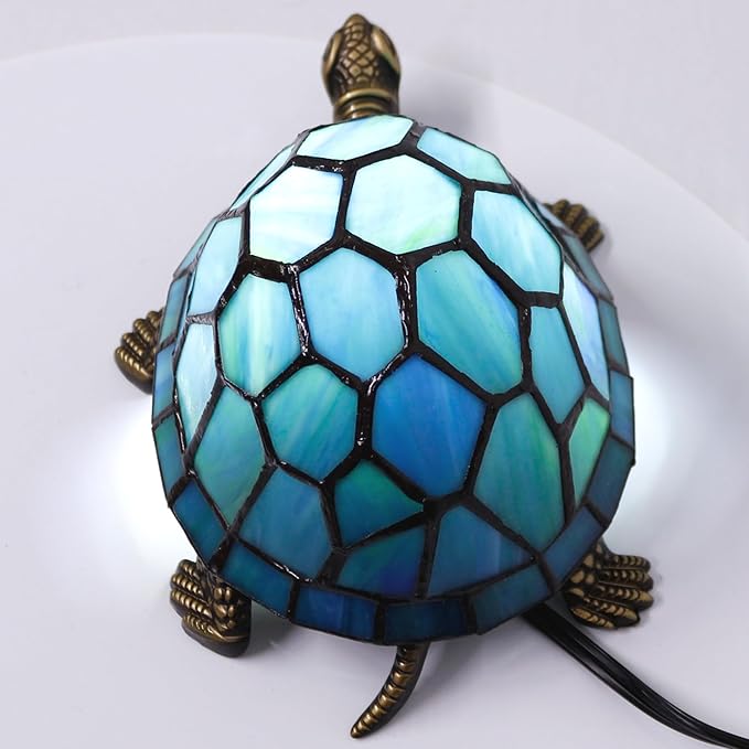 Tiffany Tortoise Lamp Small Stained Glass Turtle Desk Lamp 8X5X4 Inch Animal Antique Accent Table Light (Blue Green Turtle)