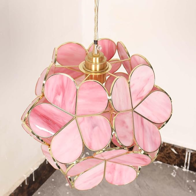 Bieye L10965 Petals Tiffany Style Stained Glass Ceiling Pendant Light with 12-inch Wide Lampshade (Pink, 12" Cherry Blossom)