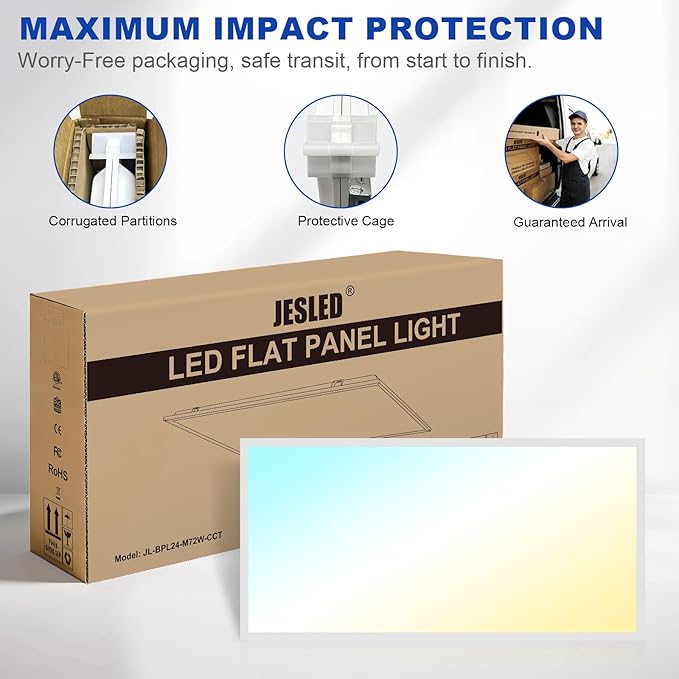 JESLED 20Pack 2x4 led Flat Panel Light, 10800LM, Drop Ceiling Lights Fixture for Office Shop Garage Basement Laundry, 30W/40W/50W/60W/72W Selectable, 5CCT Switchable, 0-10V Dimmable, DLC ETL Listed