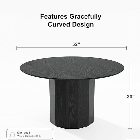 Casaphoria 52" Round Dining Table, Modern Wood Kitchen Table with Cylinder Polygonal Base for Living Room & Dining Room, Easy Assembly Farmhouse Furniture for 4-6, Black