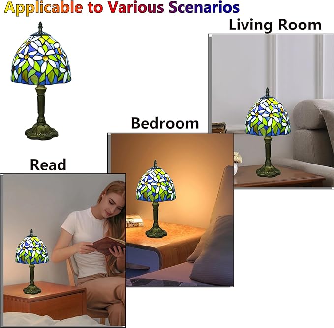 Crefotu Tiffany Style Table Lamp, 3 Color Temperatures Bedside Lamp, 8 Inch Stained Glass Desk Light for Home Office Bedroom Living Room (White Petal Pattern)