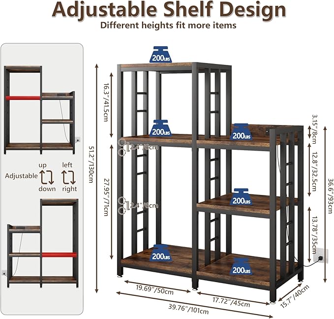 6-Tier Adjustable Mini Fridge Cabinet with Power Outlet,Kitchen Bakers Rack with Storage,Mini Fridge and Microwave Stand,Coffee Bar, Free Standing Shelf for Kitchen, Home Office,Rustic Brown
