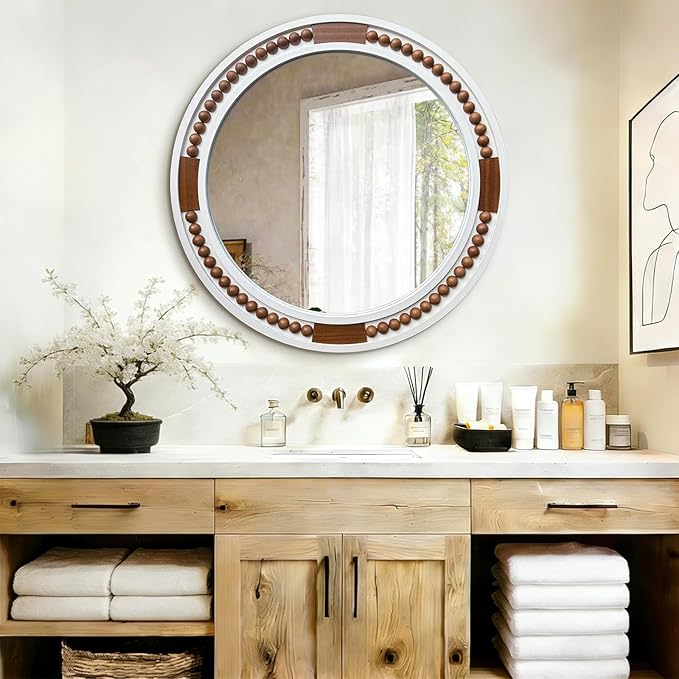 32 Inch Round Boho Wall Mirror, Large Rustic Coastal Wall Decor with White Wood Frame and Brown Bead Accents,Farmhouse Decorative Mirror for Entryway, Bedroom, Living Room