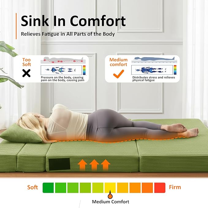 JKMAX Queen Size Folding Sofa Bed - 4 in 1 Convertible Sleeper Chair with Two Pillows - High Density Memory Foam Futon Couch - Foldable Bed for Living Room Bedroom (Green)