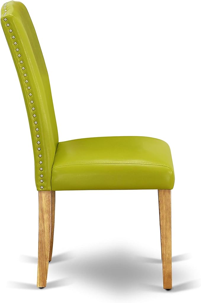 East West Furniture ENP4T51 Encinal Parsons Dining Chairs - Nailhead Trim Autumn Green Faux Leather Upholstered Chairs, Set of 2, Oak