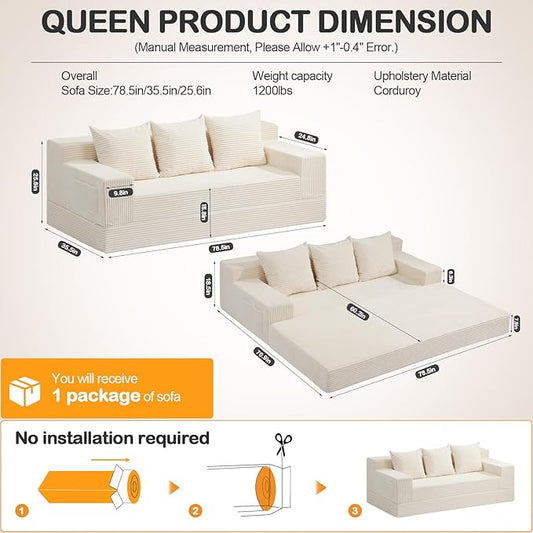 Erament Convertible Futon Sofa Bed Couch, 78'' Corduroy Folding Sofas Bed, Compression Boneless Floor Couch Sofa Beds with 3 Pillows for Living Room Bedroom Apartment