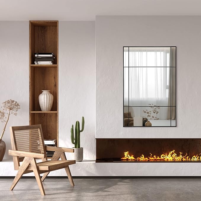 Muzilife 30x47 Black Rectangular Window Mirror, Large Windowpane Tempered Wall Mirror, Window Pane Grid Mirrors with Hand Polished Metal Frame, Vertically for Wall Decor, Half-Pane