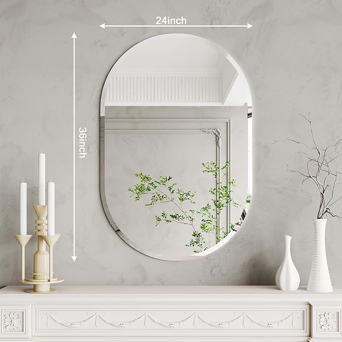 24x36 Oval Mirror, Frameless Art Deco Wall Mirror, Bathroom Mirror