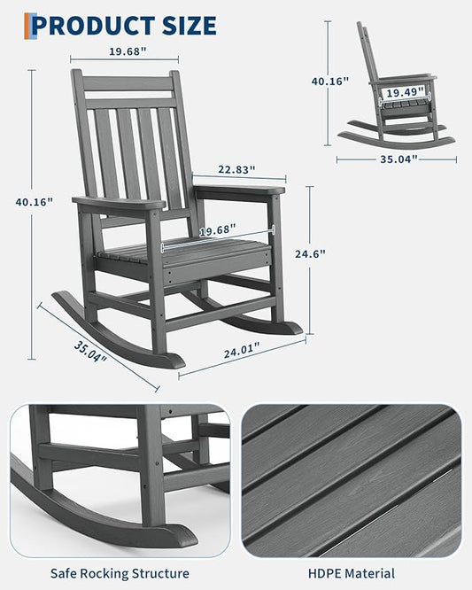GarveeLife Poly Lumber Rocking Chair Outdoor - HDPE High Back Porch Rocker Chairs for Adults - All Weather Resistant Furniture for Patio - Grey