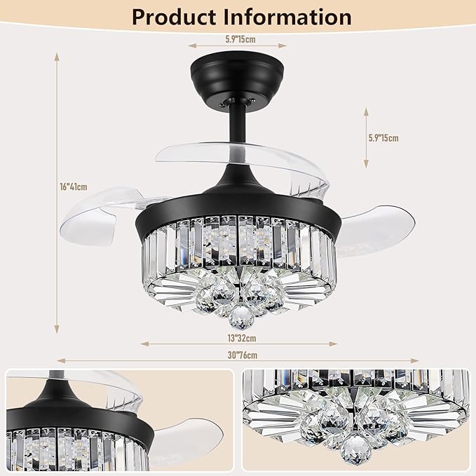 DuMaiWay 30" Chandelier Ceiling Fan with Light Crystal Fandelier Modern Reversible Ceiling Fan Dimmable Retractable Timer Remote APP Control for Dining Living Room Bedroom Black