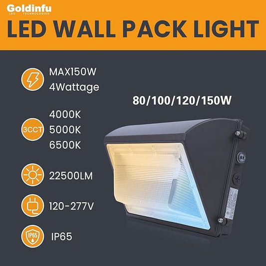 150W LED Wall Pack Light with Photocell 4Pack, 4000/5000/6500K 3CCT, 80/100/120/150W Selectable, Commercial Security Lighting Outdoor LED Wall Lights for Parking Lot Warehouse Barn 100-277V ETL Listed