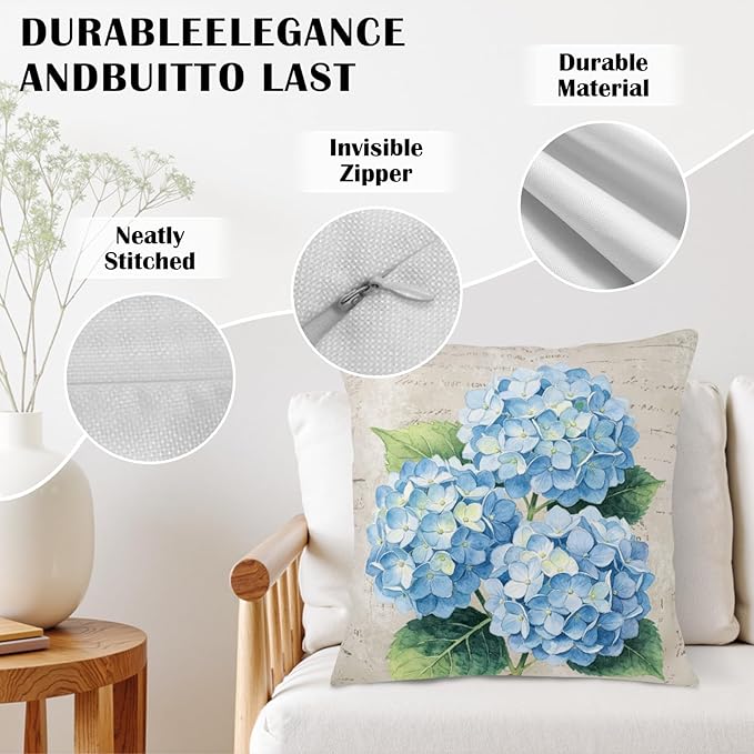 Vintage Blue Hydrangea Pillow Covers 24x24 Set of 2 Spring Summer Floral Outdoor Decorative Throw Pillow Cases Rustic Flowers Farmhouse Cushion Cover for Couch Sofa Porch Home Decor