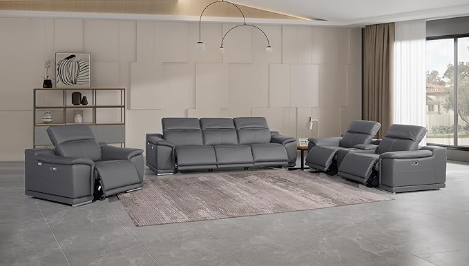 Blackjack Furniture Venice Top Grain Italian Leather Recliner 7 Seater 6 Power Reclining 3 Piece Sofa Set with Adjustable Headrests Modern Seating Sofa, Loveseat and Chair for Living Room, Dark Grey