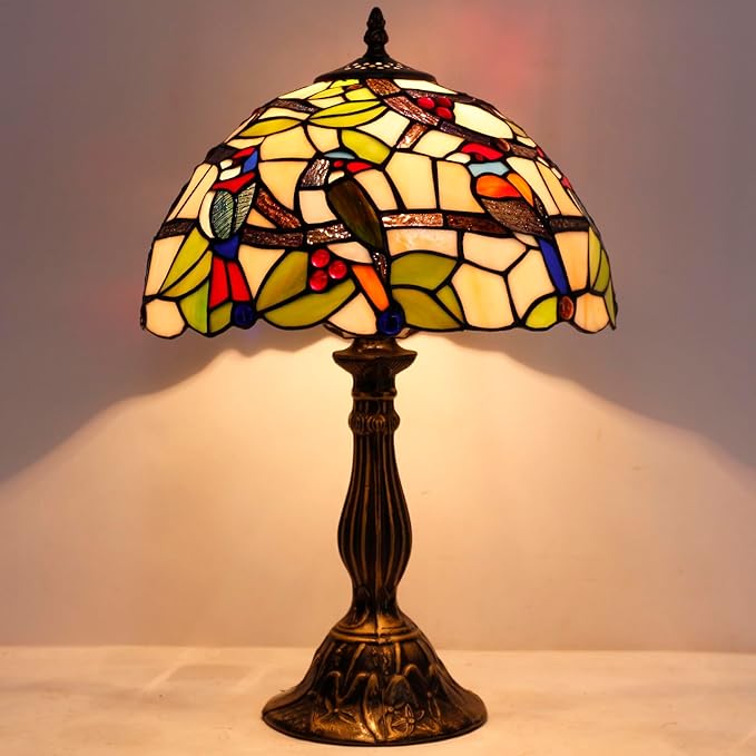 WERFACTORY Tiffany Table Lamp Mix Color Stained Glass Bedside Lamp Double Birds Reading Desk Light 12X12X18 Inches Decor Bedroom Living Room Home Office S805 Series