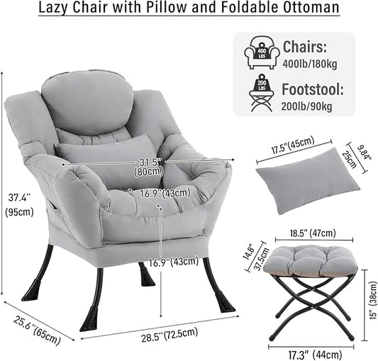 Lazy Chair with Ottoman, Modern Accent Chair with Lumbar Pillow, Grey Sofa, Armchairs with Folding Footrest, Oversized Supportive Chairs for Bedroom, Reading