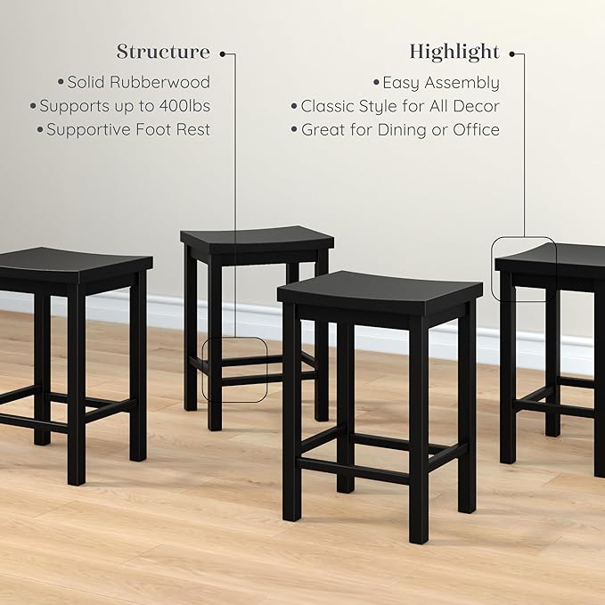 Grain & Grove Smith Collection Set of 4 Solid Wood Counter Height Bar Stools, 24-Inch Saddle Seat Backless Stools, Ideal for Kitchen Island, Dining, or Home Bar Seating, Black
