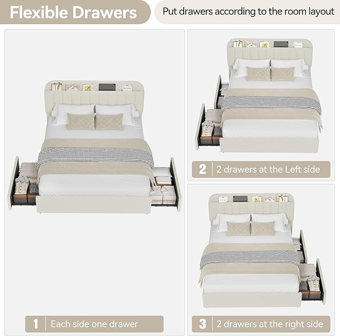 IDEALHOUSE Full Bed Frame with 2 Flexible Drawers and Bookcase Headboard, Boucle Upholstered Platform Bed for Boys/Girls, Noise-Free, Easy Assembly, No Box Spring Needed, Beige