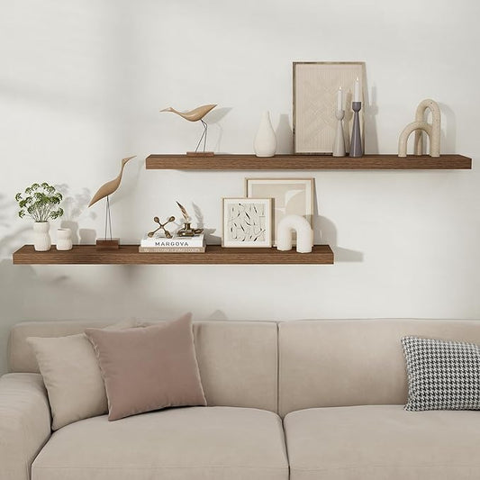 Fun Memories Rustic Wood Floating Shelves for Wall, Space-Saving Wall Mounted Shelves for Bathroom, Bedroom, Living Room and Kitchen, Stylish Storage & Display (Set of 2, Walnut, 48 in)