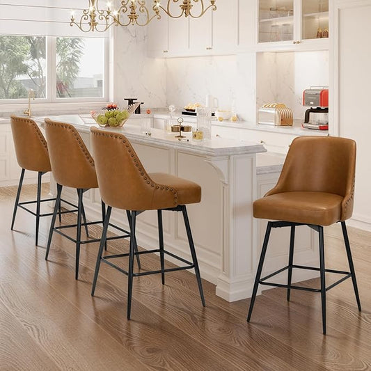 Bar Stools Set of 4, 26" Swivel Counter Height Chairs with Back,Thick Padded Seat & Footrest,Modern Faux Leather Barstool for Kitchen Island,Dining Room,Pub,Brown