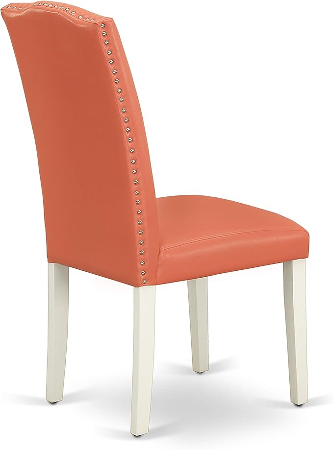 East West Furniture ENP2T78 Encinal Parsons Dining Chairs - Nailhead Trim Pink Flamingo Faux Leather Upholstered Chairs, Set of 2, Linen White