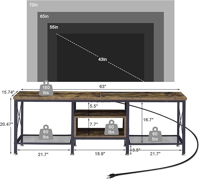 VECELO TV Stand with Power Outlets for 70 Inch Industria Media Entertainment Center with Charging Station, 3-Tier Open Shelves & Metal Frame for Living Room, Bedroom, 63 Inch, Brown