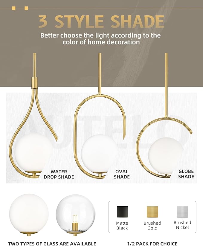 AUTELO Pendant Lights Kitchen Island, 1-Light Brushed Gold Modern Pendant Lights with Milky White Globe Hanging Lamp, Adjustable Rods for Kitchen Bar Living Room, H9380 MGBG