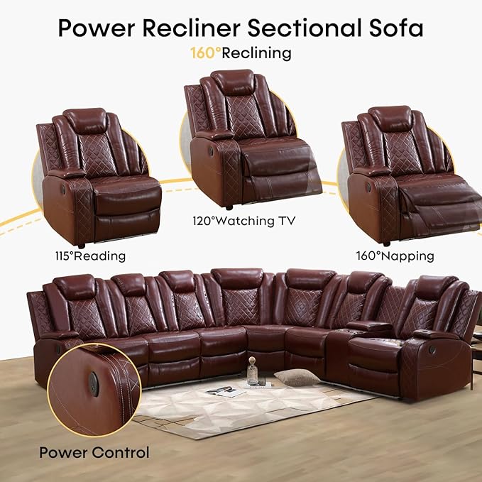 Power Recliner Sectional Sofa with LED Light, Breathing Leather Recliner Sofa Couch with Storage/Cup Holder for Living Room Home Office Theater (Red)