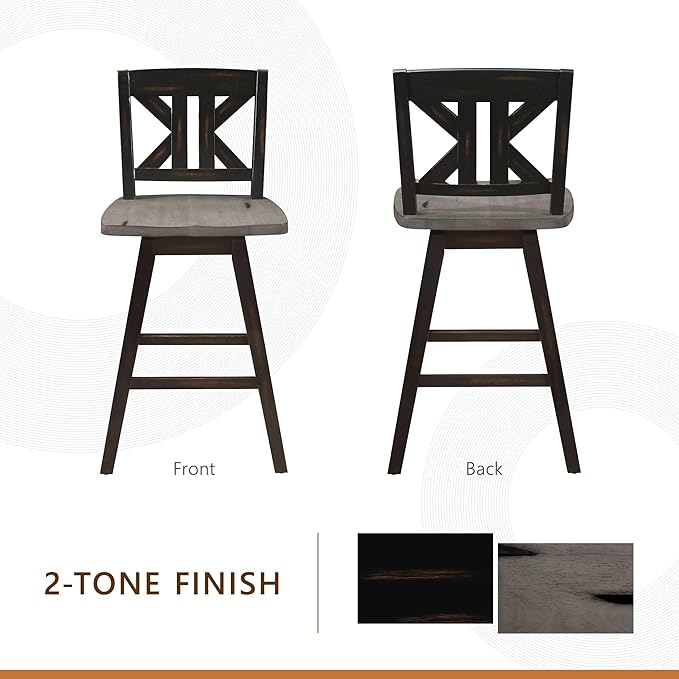 Lexicon Counter Height Stools Set of 2-Solid Wood Frame 360° Swivel Wooden Stools, Foot Rest, KK Back, Wide Seat, Distressed Farmhouse Easy to Clean Finish, 24" SH, Antique Black/Grey