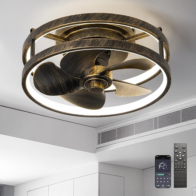Small Ceiling Fans with Lights with Remote 13" Low Profile Flush Mount Modern Fandalier LED Smart Light Fan,Modern Lighting Fans for Bedroom Living Room (Black Golden)