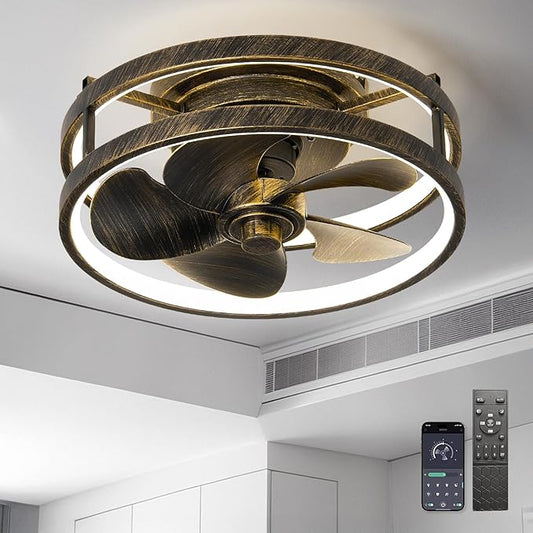 Small Ceiling Fans with Lights with Remote 13" Low Profile Flush Mount Modern Fandalier LED Smart Light Fan,Modern Lighting Fans for Bedroom Living Room (Black Golden)