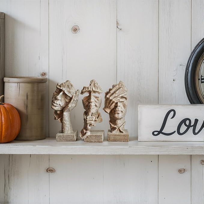 3 Pcs Thinker Statue, Silence is Sandstone Abstract Art Figurine, Modern Home Resin Decorative Objects Decor for Home Office Bookshelf Desktop,No Hear No See No Speak Knick Knacks